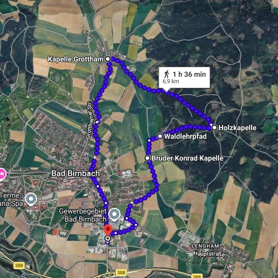 Karte der Rundwanderung ab der Festwiese Bad Birnbach über Grottham, Holzkapelle, Waldlehrpfad und Bruder-Konrad-Kapelle