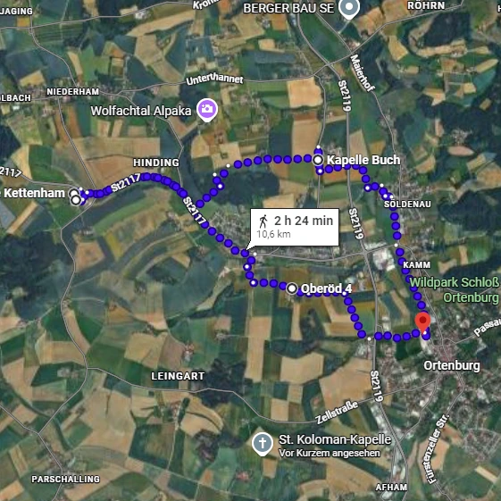 Google-Maps-Karte der Rundwanderung ab Ortenburg über Oberöd, Schneiderkapelle, Kettenham und Buch zurück zur Festwiese