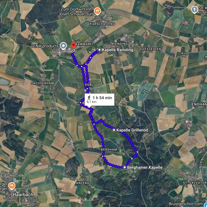 Karte der Wanderung ab Sammarei über die Kapellen in Rainding, Grillenöd und Bergham zurück nach Sammarei