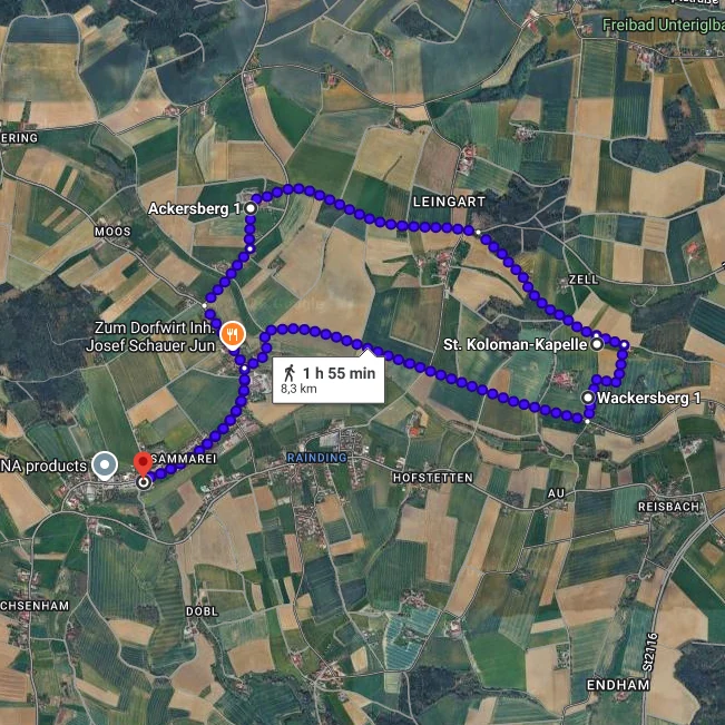 Karte der Rundwanderung von Sammarei über Ackersberg und St. Kolomann zurück über die Ochsenstraße